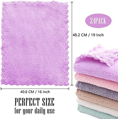 24 Pack Kitchen Dishcloths - Does Not Shed Fluff - Reusable Dish Towels, Dish cloths, Super Absorbent Coral Fleece Cleaning Cloths, Nonstick Oil Washable Fast Drying, 16 x 19 Inch (Multicolor)