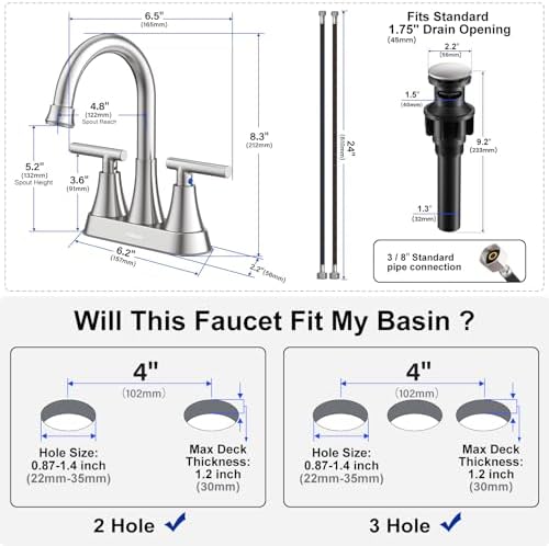 Bathroom Faucets for Sink 3 Hole, Hurran 4 inch Brushed Nickel Bathroom Sink Faucet with Pop-up Drain and Supply Hoses, Stainless Steel Lead-Free Centerset Faucet for Vanity RV, 2 Pack
