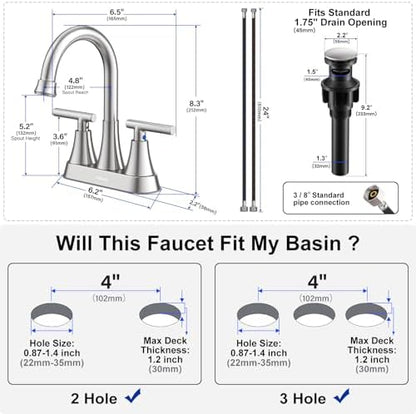 Bathroom Faucets for Sink 3 Hole, Hurran 4 inch Brushed Nickel Bathroom Sink Faucet with Pop-up Drain and Supply Hoses, Stainless Steel Lead-Free Centerset Faucet for Vanity RV, 2 Pack