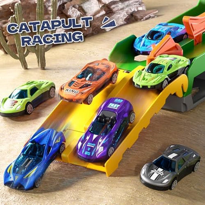 Toddler Car Truck Toys Gifts for 3 4 5 Years Old Boys, Dinosaur Transport Truck Cars Tracks Toys with 12 Pcs Die-Cast Cars, Transforms into Dino, Toy Gifts for 3 4 5 6 Year Old Boys