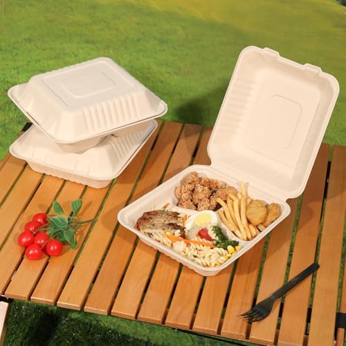 Aricsen 50 Pack 3 Compartment Compostable 8x9 Inch Takeout Lunch Box Containers with Lid To Go Take Out Clamshell for Food, Disposable Eco-Friendly Biodegradable Bagasse, PFAS-Free, Brown