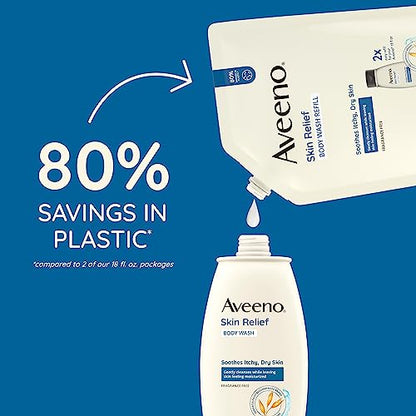 Aveeno Skin Relief Fragrance-Free Body Wash Refill with Oat to Soothe Itchy, Dry Skin, Gentle, Formulated without Soaps, Dyes, Parabens, Phthalates & Alcohol, for Sensitive Skin, 36 fl. oz (Pack of 2)