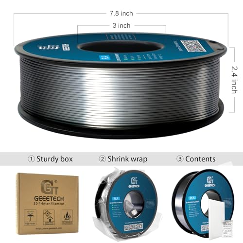Geeetech Silk PLA Filament 1.75mm for 3D Printer, Metal-Like Shiny Consumable 1kg (2.2lbs) 1 Spool, Dimensional Accuracy +/- 0.02 mm,Metallic Silver