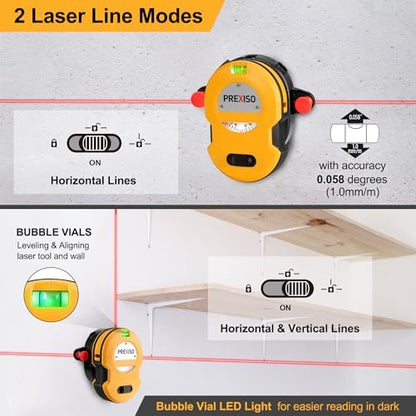 PREXISO Multi Surface Laser Level LED Light Vial, 30Ft Horizontal & Vertical Line Laser with Wall Mount Base, 2 Pins, 10 Sticker, 2 AA Batteries for Hanging Frames & Picture, Construction Wall Writing