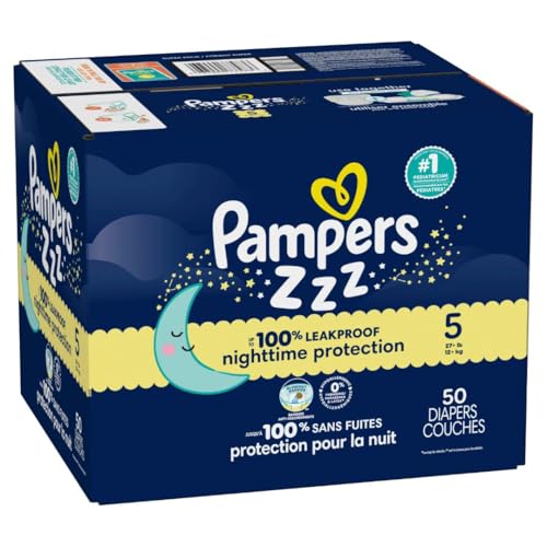 Pampers Overnight Diapers - Swaddlers Overnights - Size 5, 50 Count, Disposable Baby Diaper, Night Time Leak and Skin Protection