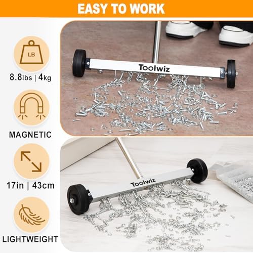 Toolwiz Magnetic Pick Up Sweeper 17-inch Heavy Duty Magnet Pickup Lawn Sweeper Roofing Tools, 8.8 Lbs Yard Magnet with Telescoping Holder and Wheels to Pick Up Nails Magnetic Sweeper for Construction