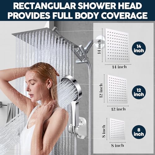 Shower Head,8”Rain Shower Head with Handheld Spray Combo with 11'' Angle Adjustable Extension Arm/Flow Regulator/Shower System,High Pressure Rainfall Shower Head Bathroom,Chrome