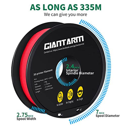 GIANTARM 3D Printer Filament, Red Pla Filament, 1Kg(2.2lbs) Spool, 1.75mm Dimension Accuracy +/- 0.03mm, 3D Printing Filament