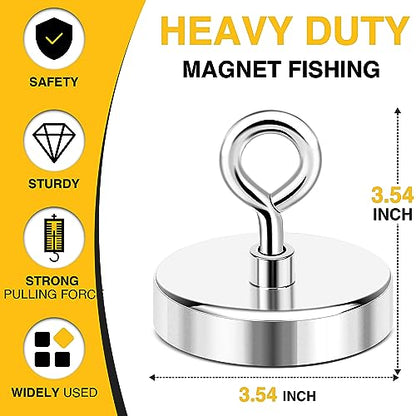 DIYMAG Neodymium Fishing Magnets, 1000lbs (453KG) Pulling Force Rare Earth Magnet with Countersunk Hole Eyebolt Diameter 3.54Inch (90mm) for Retrieving in River an Magnetic Fishing