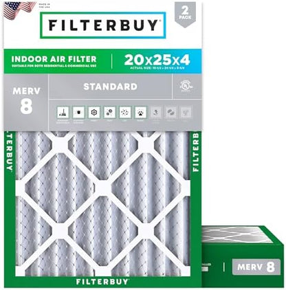 Filterbuy 20x25x4 Air Filter MERV 8 Dust Defense (2-Pack), Pleated HVAC AC Furnace Air Filters Replacement (Actual Size: 19.50 x 24.50 x 3.63 Inches)