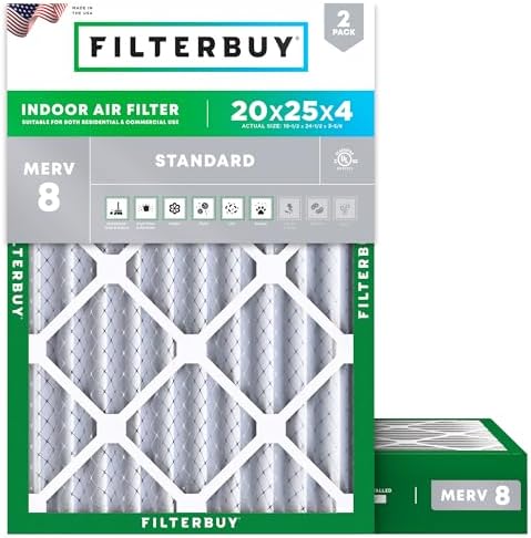 Filterbuy 20x25x4 Air Filter MERV 8 Dust Defense (2-Pack), Pleated HVAC AC Furnace Air Filters Replacement (Actual Size: 19.50 x 24.50 x 3.63 Inches)