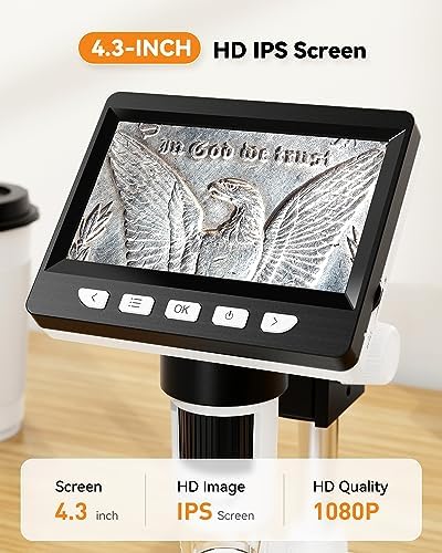 4.3" Digital Microscope for Adults, SKYEAR Coin Microscope1000X Magnification with 8 Ajustable LED Fill Lights, USB Microscope for Windows/MacOS, Coin Collection Supplies