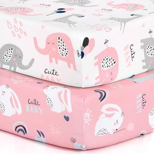 Pack n Play Sheets, BROLEX 2 Pack Mini Crib Sheets,Stretchy Portable Fitted Playard Sheet Set, Convertible Playard Mattress Cover,Ultra Soft Breathable Material,Elephant Rabbit