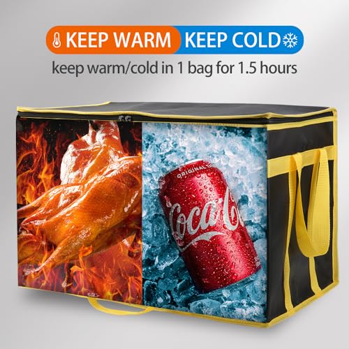 Bodaon Insulated Food Delivery Bag, XXXL Pizza Delivery Bags for Hot and Cold Food, Commercial, Large Capacity Reusable Warming Bag, Catering Cooler Bag for Doordash (Black-Yellow Edge, 1Pk)