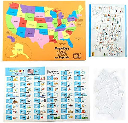 Imagimake Mapology USA & World Map Puzzle with Flags, Capitals, Stickers | Educational Toys for Ages 5-7 | Jigsaw Puzzles for Kids Ages 8-10 | Geography Toys for Ages 8-13 | 6 Year Old Boy/Girl Gifts
