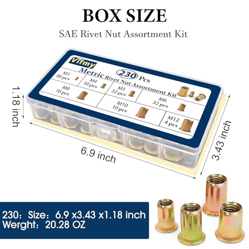 Metric Rivet Nut Assortment Kit(230 Pcs), M3 M4 M5 M6 M8 M10 M12 Flat Head Rivnut Set,Zinc Plated Finish Carbon Steel Nutsert