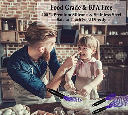 Walfos Whisk,7+9+11in Silicone Whisks for Cooking Non Scatch,Kitchen Whisk,BPA Free and Heat Resistant 480°F,Wisk Perfect for Frothing,Blending,Beating.Dishwasher Safe 3pcs Dark Purple