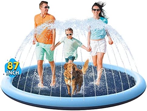 VISTOP Non-Slip Splash Pad for Kids and Dog, Thicken Sprinkler Pool Summer Outdoor Water Toys - Fun Backyard Fountain Play Mat for Baby Girls Boys Children or Pet Dog (87 inch, Blue&Blue)