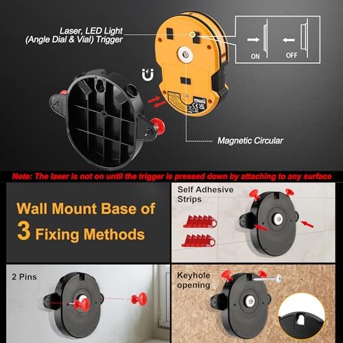 PREXISO Multi Surface Laser Level LED Light Vial, 30Ft Horizontal & Vertical Line Laser with Wall Mount Base, 2 Pins, 10 Sticker, 2 AA Batteries for Hanging Frames & Picture, Construction Wall Writing