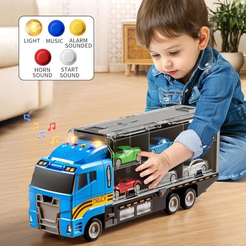 Toddler Boys Toys for 3 4 5 6 Years Old, Truck Vehicle Set with Play Mat, Die-Cast Toy Car Carrier Truck for Kids, Birthday Gifts Toys for 3 4 5 6 7 8+ Year Old Boys