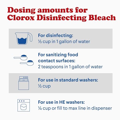 Clorox Bleach Cleaner, 2 Pack Original Concentrated Bleach, Easy Pour Bottle with Handle, Moldand Mildew Remover, Removes Stains and Whitens, 43 oz Each