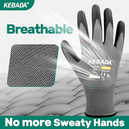 Kebada W1 Work Gloves for Men and Women, PU Coated Safety Gloves with Grip, Touchscreen, Ideal for Warehouse Package Handling, Construction, Gardening, 12 Pairs Gray Large