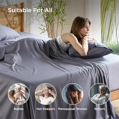 Bedsure Queen Sheet Set, Cooling Sheets for Queen Size Bed Set, Rayon Derived from Bamboo, Breathable & Soft, Deep Pocket Up to 16 Inches, Hotel Luxury Silky Bedding for Hot Sleepers, Dark Grey