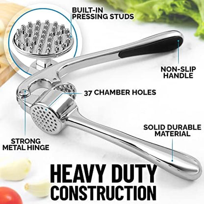 Zulay Kitchen Premium Garlic Press Set - Rust Proof & Dishwasher Safe Professional Garlic Mincer Tool - Easy-Squeeze, Easy-Clean with Soft, Ergonomic Handle - Silicone Garlic Peeler & Brush (Chrome)