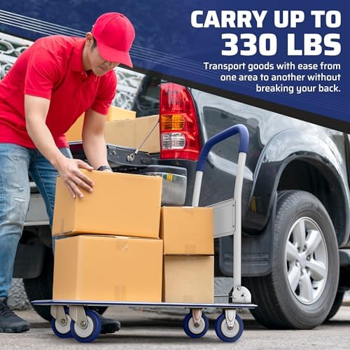 Heavy Duty Foldable Push Cart Dolly | 330 lbs. Capacity | Upgraded Collapsible Hand Truck Platform with Swivel Wheels | Flat Bed Moving Wagon | Space Saving Push Handle (Blue)