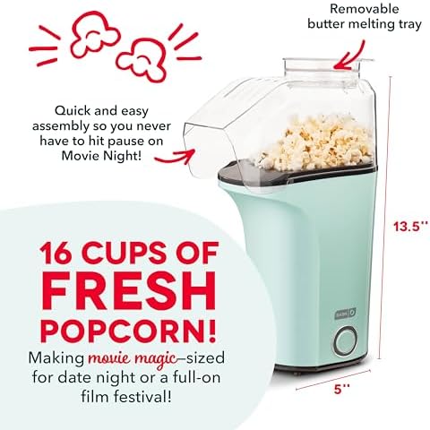 DASH Hot Air Popcorn Popper Maker with Measuring Cup to Portion Popping Corn Kernels + Melt Butter, 16 Cups - Aqua