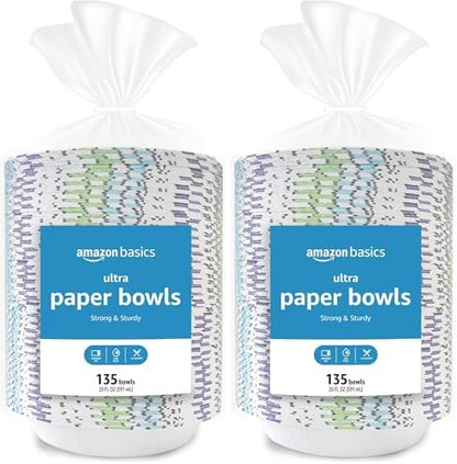 Amazon Basics Ultra Paper Bowls, 20 Oz, Disposable, 1080 Count (8 packs of 135), White (Previously Encore)