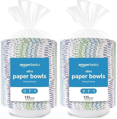 Amazon Basics Ultra Paper Bowls, 20 Oz, Disposable, 1080 Count (8 packs of 135), White (Previously Encore)