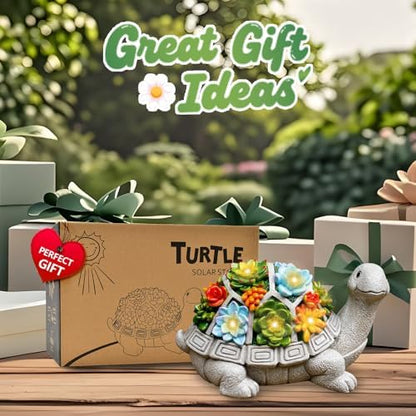 Nacome Solar Garden Outdoor Statues Turtle with Succulent and 7 LED Lights - Lawn Decor Tortoise Statue for Patio, Balcony, Yard Ornament - Unique Housewarming Gifts