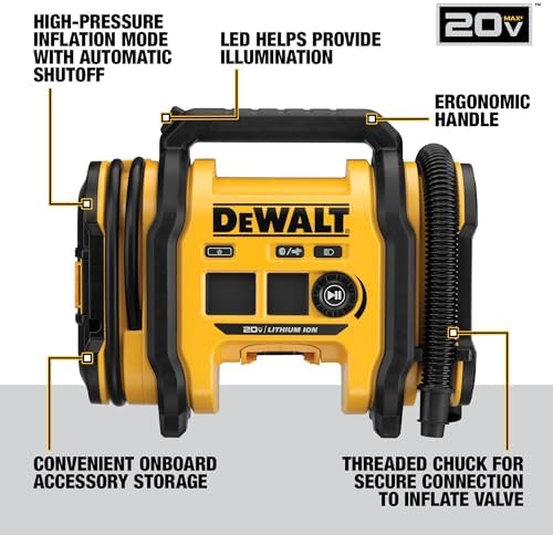 DEWALT Tire Inflator Portable Air Compressor 20V MAX, Air Pump with Automatic Shut Off, LED Light, Tool Only (DCC020IB)