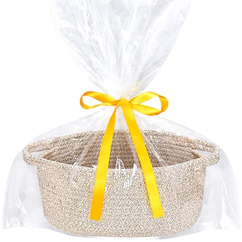 ABenkle Small Woven Basket 12"x 8"x 5" - Rope Room Shelf Storage, Cat Dog Toys Chest Box, Decorative Empty Gift With Handles - All Mixed Brown