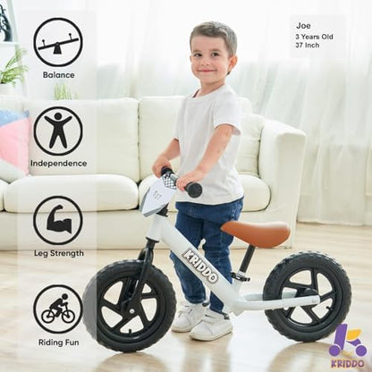 KRIDDO Toddler Balance Bike 2 Year Old, Age 24 Months to 5 Years Old, 12 Inch Push Bicycle with Customize Plate (3 Sets of Stickers Included), Gift Bike for 2-3 Boys Girls, White