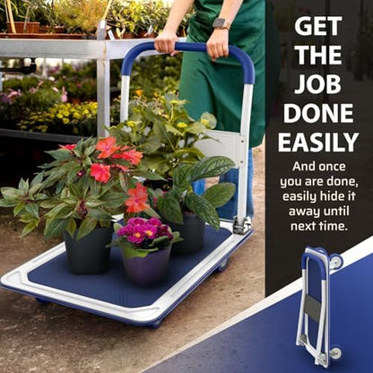 Heavy Duty Foldable Push Cart Dolly | 660 lbs. Capacity | Upgraded Collapsible Hand Truck Platform with Swivel Wheels | Flat Bed Moving Wagon | Space Saving Push Handle (Blue)