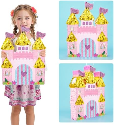 WERNNSAI Princess Castle Piñata - Princess Birthday Party Decorations Pink Princess Piñata with Blindfold and Bat for Birthday Girls Family Game Princess Theme Birthday Party Supplies 16.4” x 12.4”