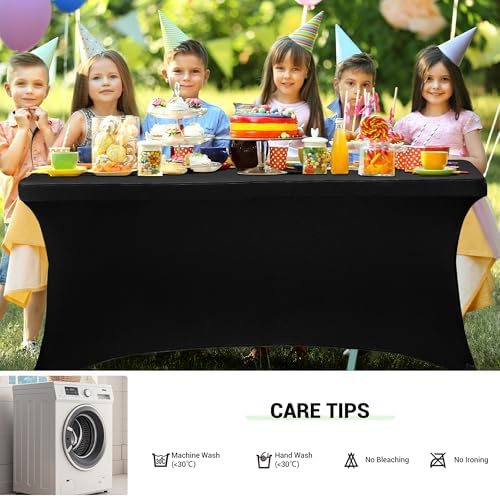 Obstal 6ft Stretch Black Spandex Table Cloth for Standard Folding Tables - 2 Pack Universal Rectangular Fitted Tablecloth Protector for Wedding, Trade Show, Vendor Stand