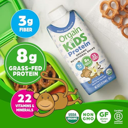 Orgain Organic Kids Protein Nutritional Shake, Vanilla - 8g of Protein, 22 Vitamins & Minerals, Fruits & Vegetables, Gluten Free, Soy Free, Non-GMO, 8.25 Oz, 12 Ct (Packaging May Vary)