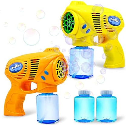 JOYIN 2 Bubble Guns with 2 Refill Solution (10 oz Total), Bubbles Maker, Blower for Kids, Toddlers, Outdoors Activity, Birthday Gift, Easter Basket Stuffers (Yellow+Orange)
