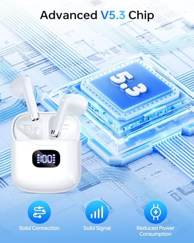 Wireless Earbuds Bluetooth 5.3 Headphones, 40Hrs Playback Stereo Ear Buds with LED Display Charging Case IPX7 Waterproof in-Ear Earphones with Mic for Phone Tablet Laptop Sports, White