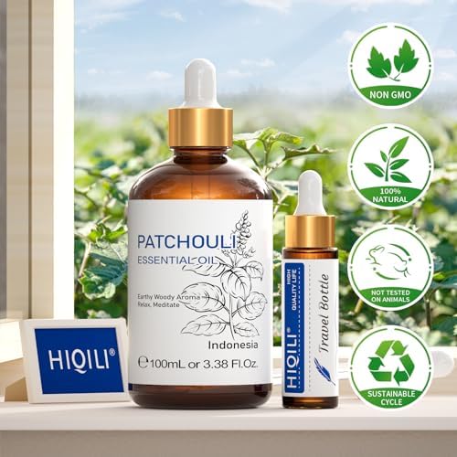 HIQILI Patchouli Essential Oil,100% Pure & Natural for Homemade Perfume, Sooth Skin, Nourish Hair at Home with Diffuser, Gift for Hippie Friend -100ML