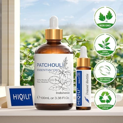 HIQILI Patchouli Essential Oil,100% Pure & Natural for Homemade Perfume, Sooth Skin, Nourish Hair at Home with Diffuser, Gift for Hippie Friend -100ML