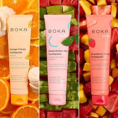 Boka Fluoride Free Toothpaste Nano Hydroxyapatite Toothpaste - Orange Cream, Watermelon Mint, Strawberry Mango Flavor, 4 oz 3Pk US Manufactured