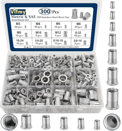Metric & SAE Rivet Nut Assortment Kit(300 Pcs), M3 M4 M5 M6 M8 M10 M12#8-32#10-24 1/4"-20 5/16"-18 3/8"-16 304 Stainless Steel Rivnut Set UNC Flat Head Nutsert