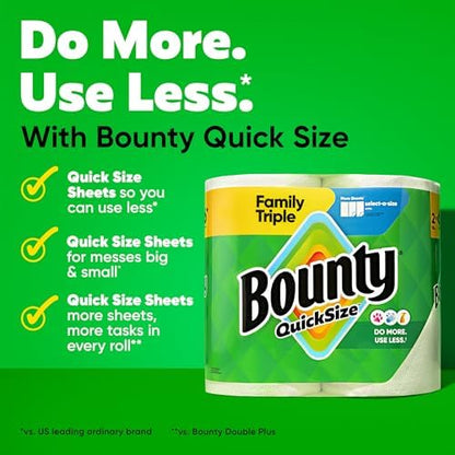 Bounty Quick-Size Paper Towels, White, 8 Family Triple Rolls = 27 Regular Rolls