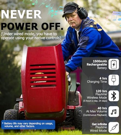 PROHEAR 037 Bluetooth 5.3 Hearing Protection Headphones with Rechargeable 1500mAh Battery, 30dB SNR Safety Noise Reduction Ear Muffs 120H Playtime for Mowing, Workshops, Snowblowing - Black