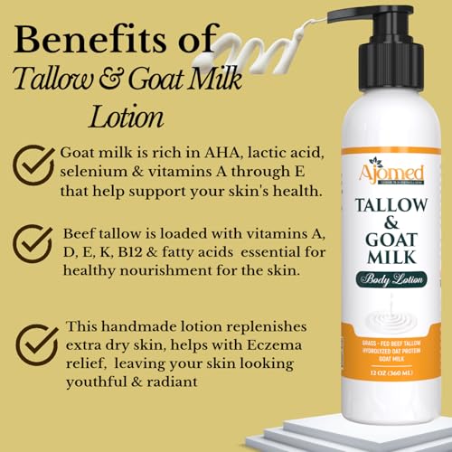 Grass Fed Beef Tallow & Goat Milk Body Lotion for Sensitive Skin, Organic Tallow Lotion - Soothes Dry Patches, dry skin, Eczema-Goat Milk Moisturizer - Handmade Tallow Body Lotion (UNSCENTED, 12 Oz)