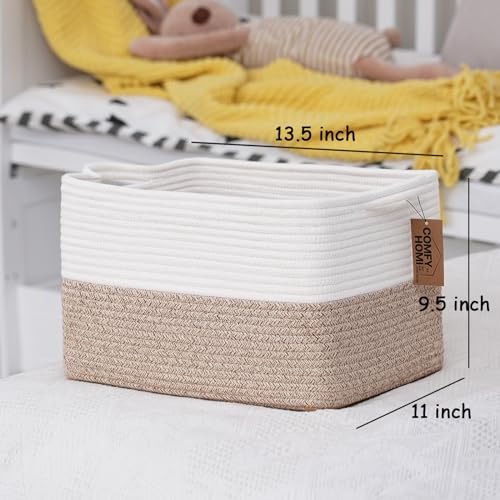 COMFY-HOMI Cotton Rope Woven Basket with Handles for Shelves,Toys,Book, Cloth Storage Baskets for Organizing-13.5" x 11" x 9.5" Toy Decorative Organizer for Living Room, Bathroom （White/Brown）